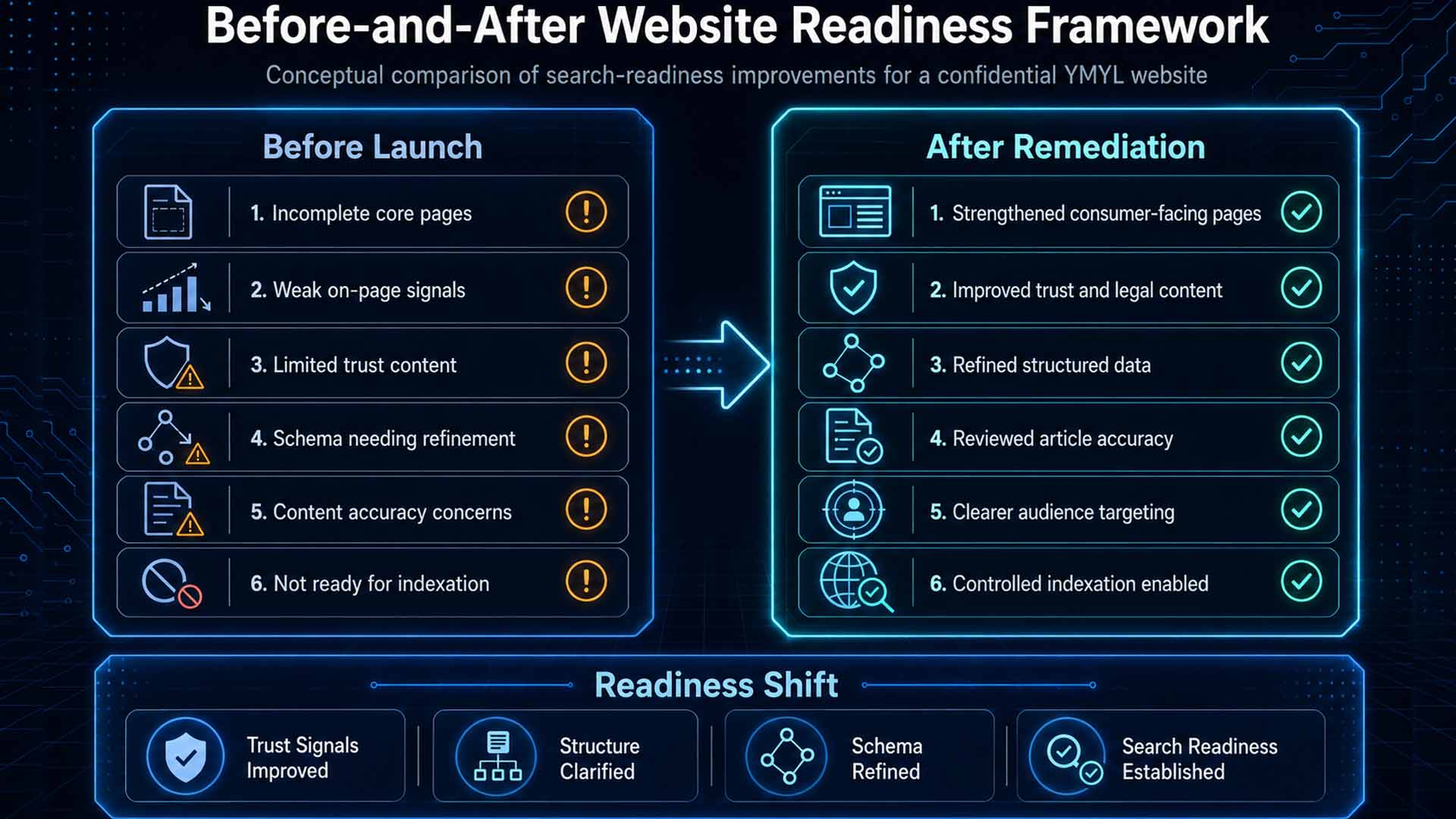 Confidential YMYL website readiness framework illustrating page quality, trust, and launch preparation.